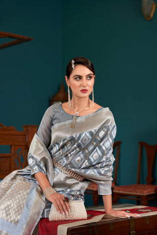 Gray Elegant Banarasi Saree with Geometric Zari Weaving ClothsVilla