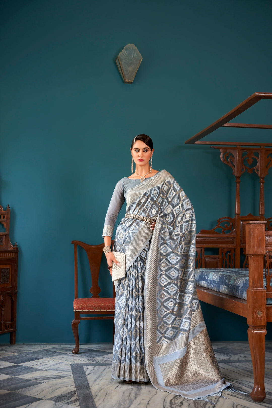 Gray Elegant Banarasi Saree with Geometric Zari Weaving ClothsVilla