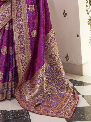 Purple Elegant Banarasi Satin Saree with Unstitched Blouse Piece ClothsVilla