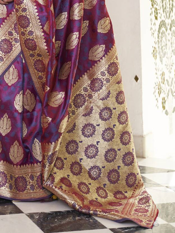 Purple Elegant Banarasi Satin Saree with Unstitched Blouse Piece ClothsVilla