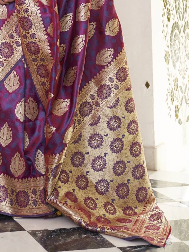 Purple Elegant Banarasi Satin Saree with Unstitched Blouse Piece ClothsVilla