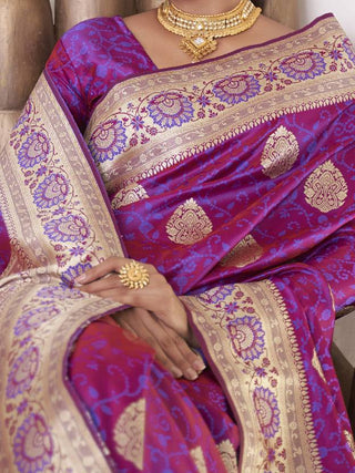 Purple Elegant Banarasi Satin Saree with Unstitched Blouse Piece ClothsVilla