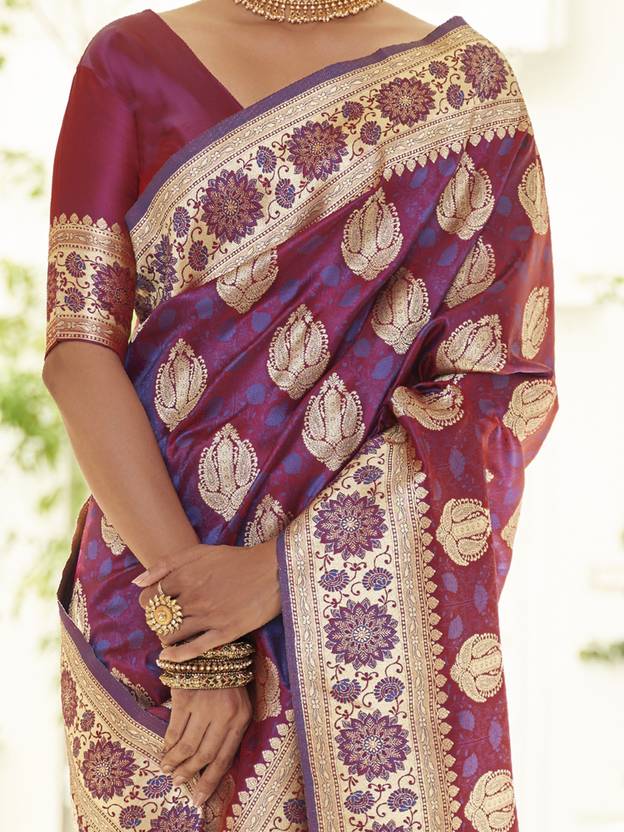 Purple Elegant Banarasi Satin Saree with Unstitched Blouse Piece ClothsVilla