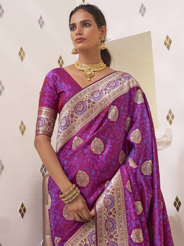 Purple Elegant Banarasi Satin Saree with Unstitched Blouse Piece ClothsVilla