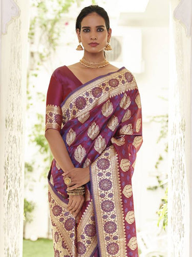 Purple Elegant Banarasi Satin Saree with Unstitched Blouse Piece ClothsVilla