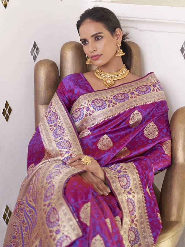 Purple Elegant Banarasi Satin Saree with Unstitched Blouse Piece Secondary image