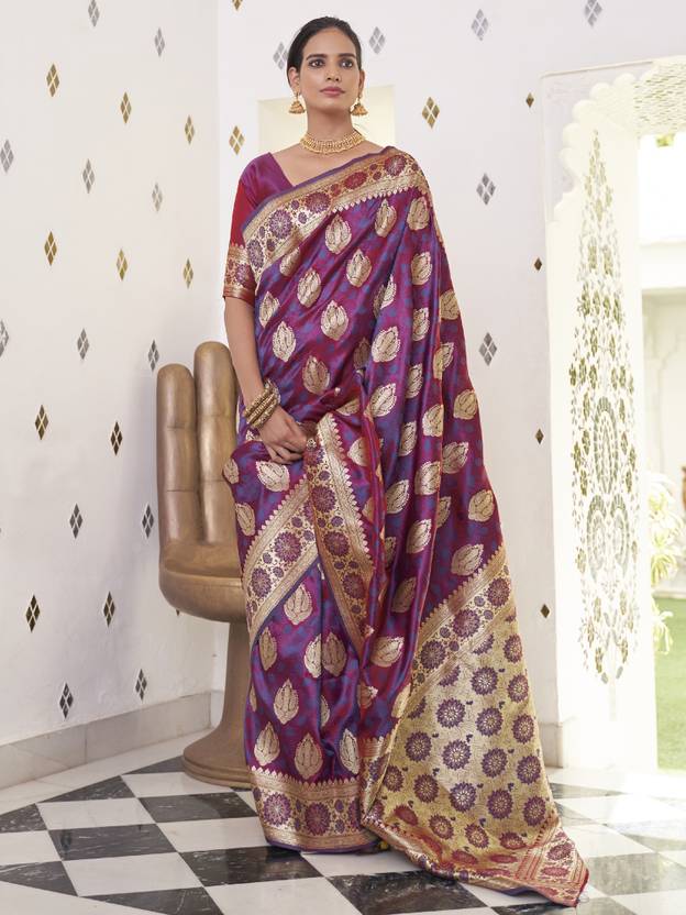 Purple Elegant Banarasi Satin Saree with Unstitched Blouse Piece ClothsVilla Main image