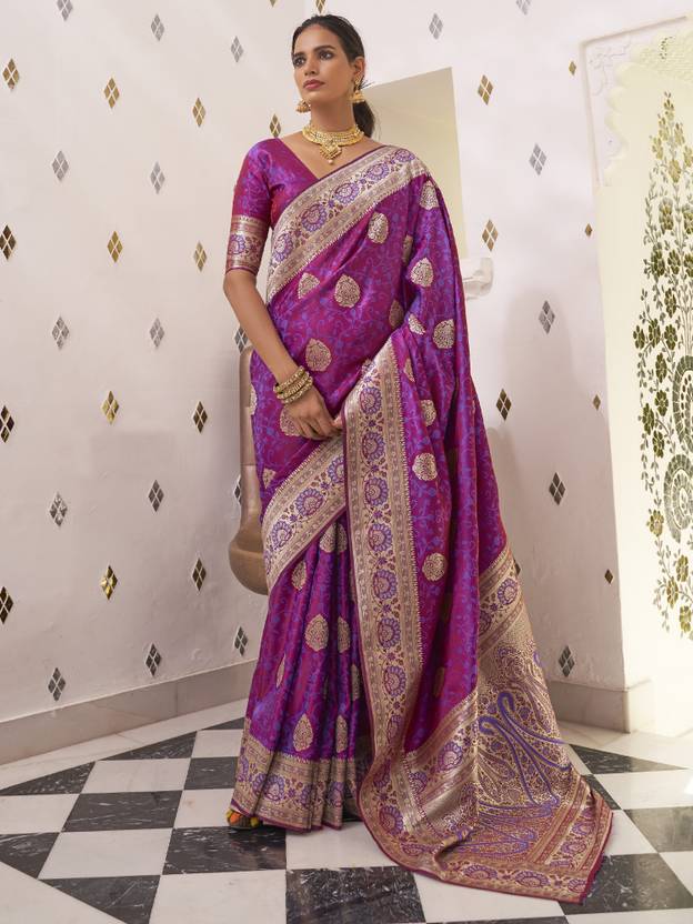 Purple Elegant Banarasi Satin Saree with Unstitched Blouse Piece ClothsVilla