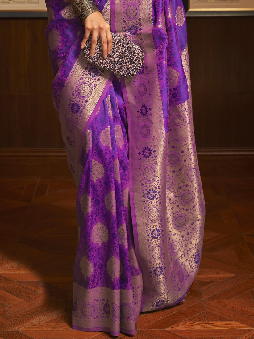 Purple Elegant Banarasi Silk Blend Saree with Unstitched Blouse Piece ClothsVilla