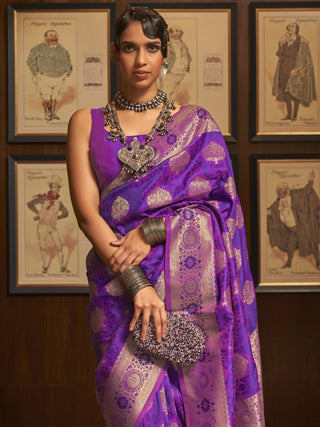 Purple Elegant Banarasi Silk Blend Saree with Unstitched Blouse Piece ClothsVilla