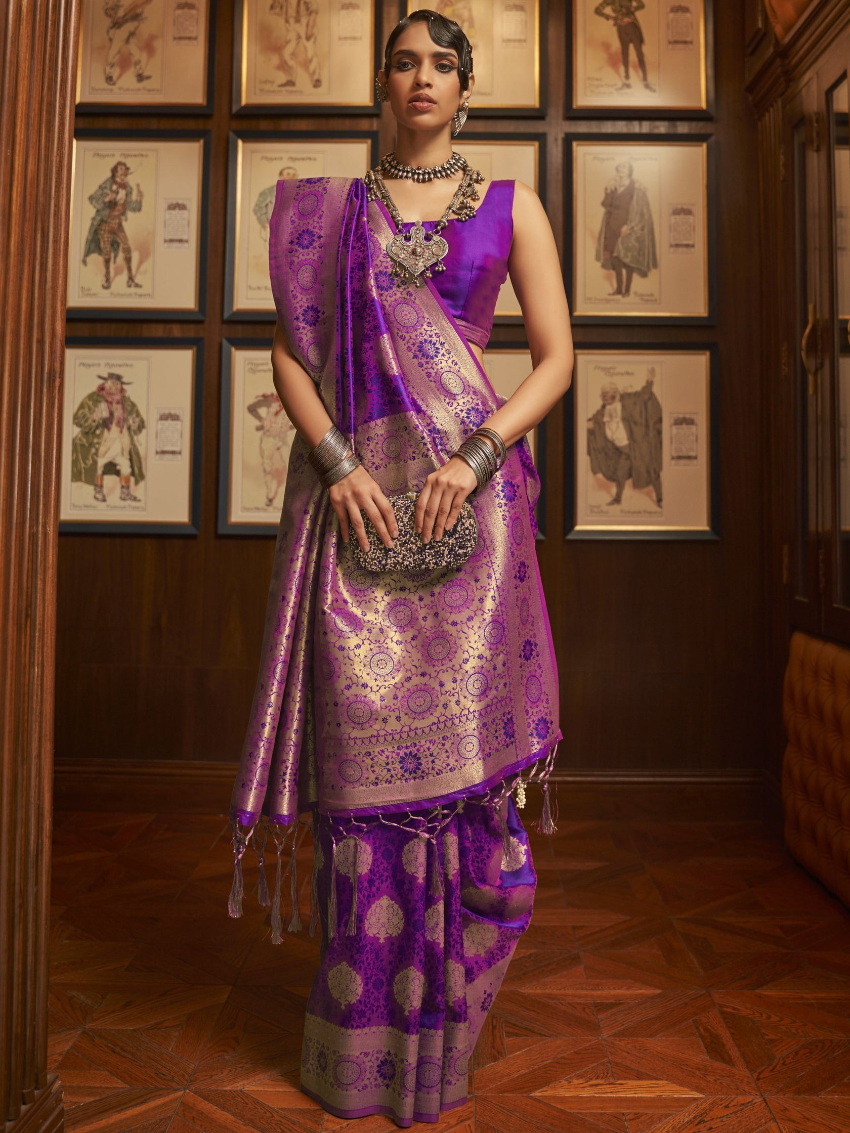 Purple Elegant Banarasi Silk Blend Saree with Unstitched Blouse Piece Secondary image