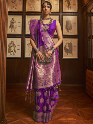 Purple Elegant Banarasi Silk Blend Saree with Unstitched Blouse Piece ClothsVilla
