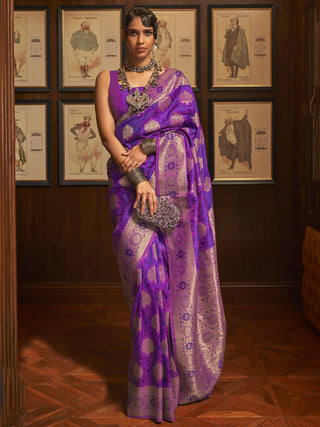 Purple Elegant Banarasi Silk Blend Saree with Unstitched Blouse Piece ClothsVilla