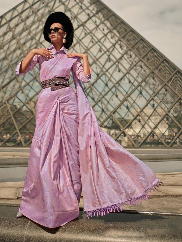 Purple Elegant Banarasi Silk Blend Woven Saree with Tassel Detailing ClothsVilla
