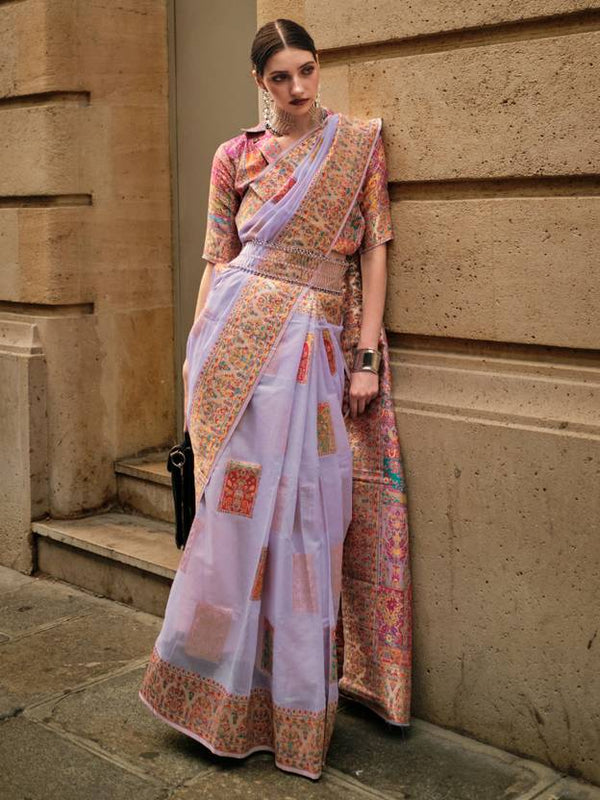 Purple Elegant Banarasi Silk Blend Woven Saree with Unstitched Blouse Piece ClothsVilla