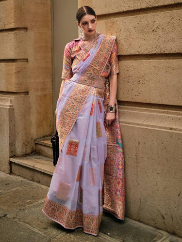 Purple Elegant Banarasi Silk Blend Woven Saree with Unstitched Blouse Piece ClothsVilla