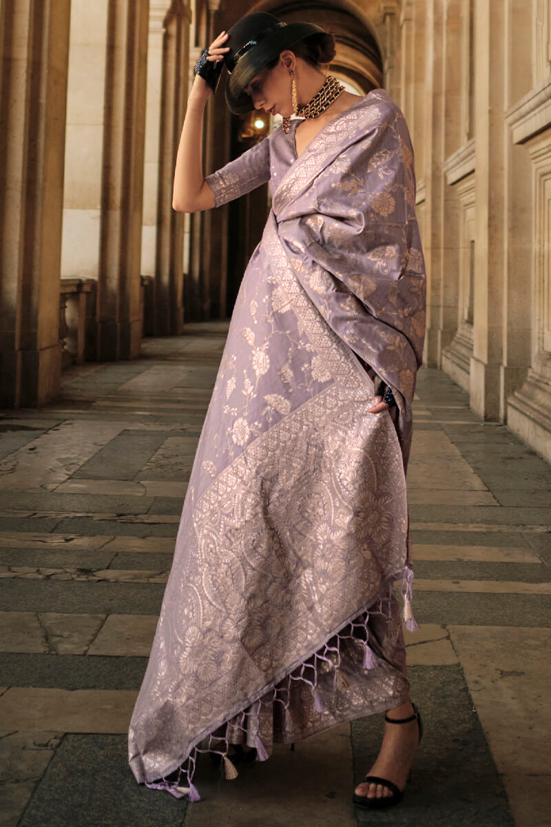 Purple Elegant Banarasi Silk Saree with Zari Weaving Blouse Pieces Secondary image