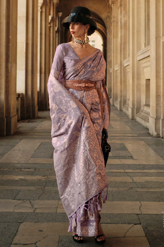 Purple Elegant Banarasi Silk Saree with Zari Weaving Blouse Pieces ClothsVilla