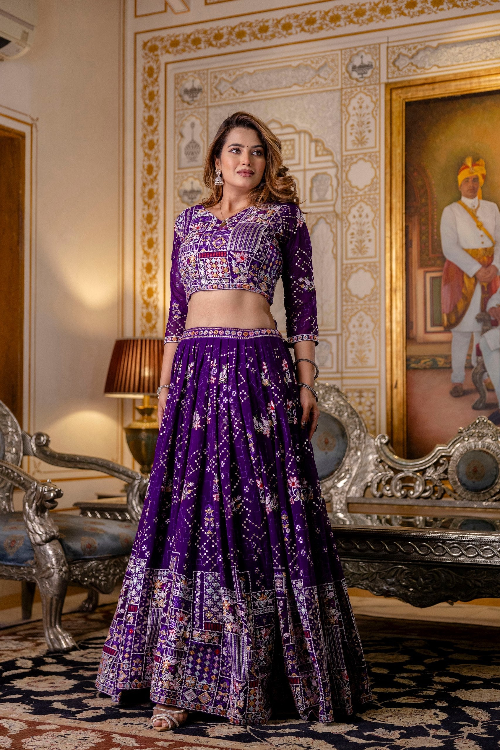 Purple Elegant Blooming Georgette Embroidered Semi-Stitched Lehenga Set ClothsVilla Main image