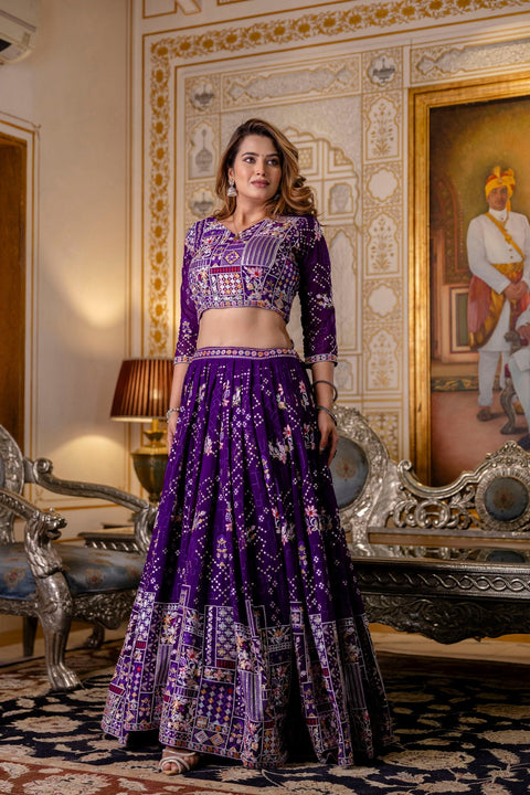 Purple Elegant Blooming Georgette Embroidered Semi-Stitched Lehenga Set ClothsVilla Main image