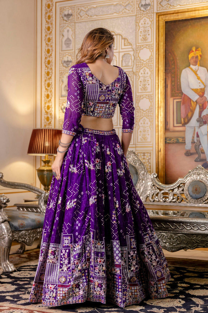 Purple Elegant Blooming Georgette Embroidered Semi-Stitched Lehenga Set ClothsVilla