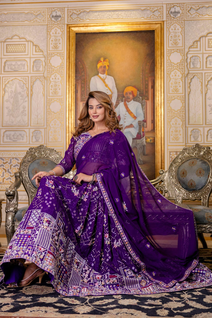 Purple Elegant Blooming Georgette Embroidered Semi-Stitched Lehenga Set ClothsVilla