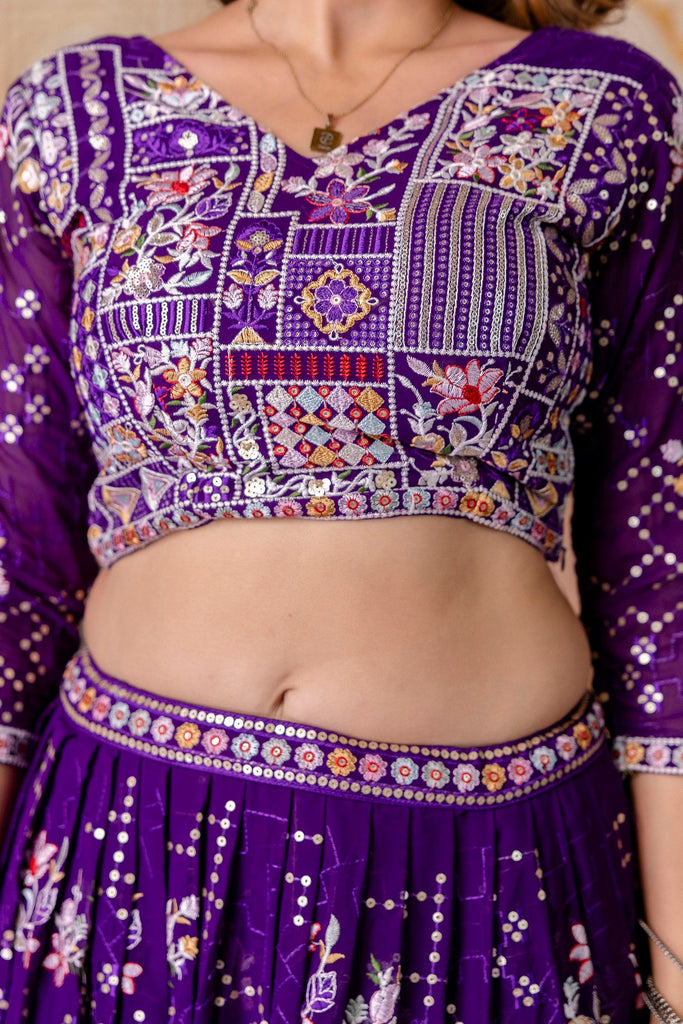 Purple Elegant Blooming Georgette Embroidered Semi-Stitched Lehenga Set ClothsVilla