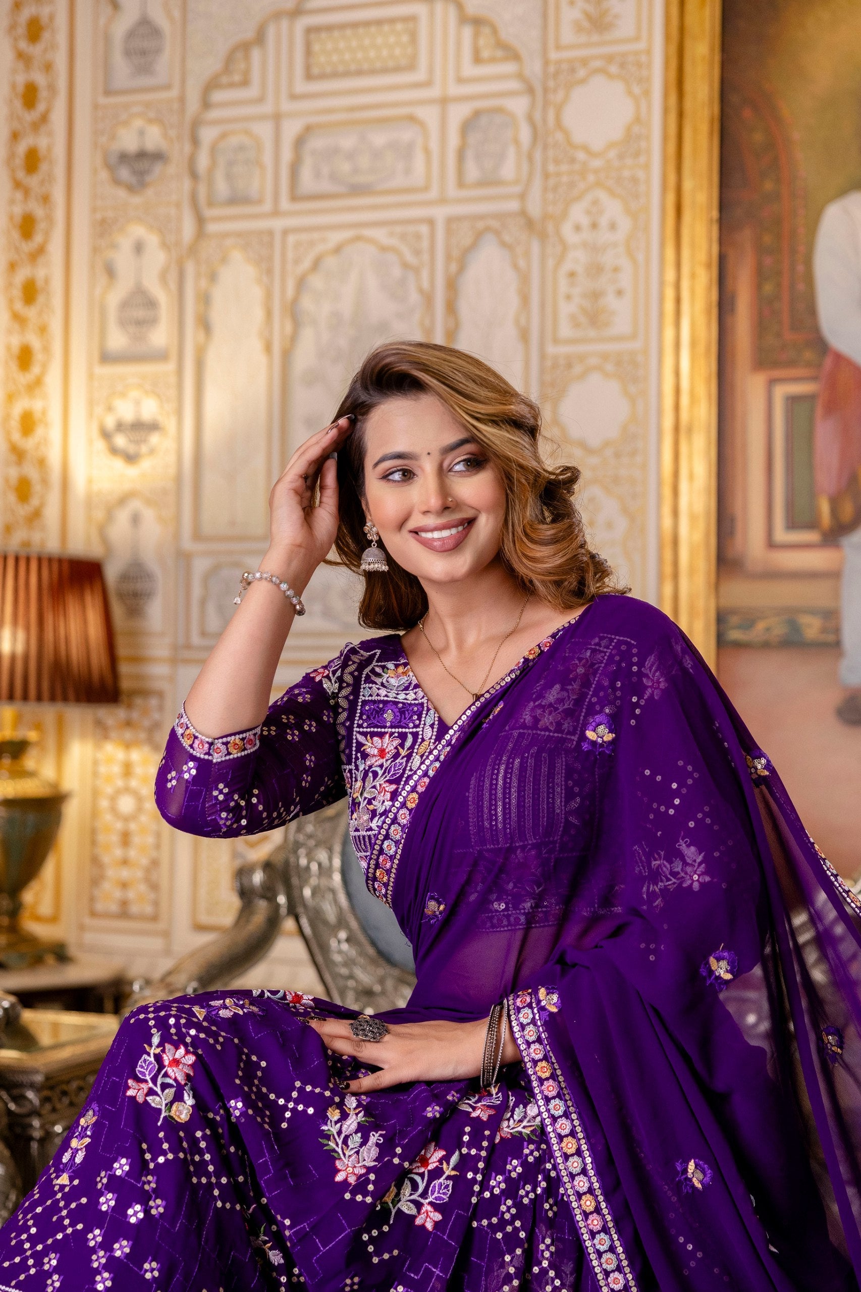 Purple Elegant Blooming Georgette Embroidered Semi-Stitched Lehenga Set ClothsVilla