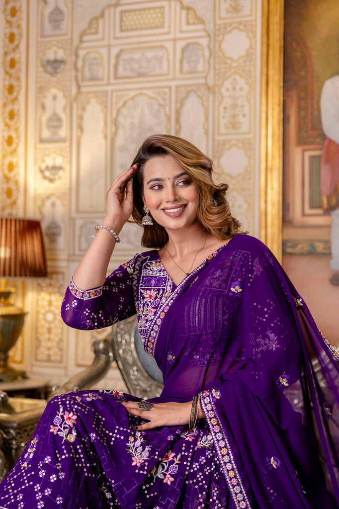 Purple Elegant Blooming Georgette Embroidered Semi-Stitched Lehenga Set ClothsVilla