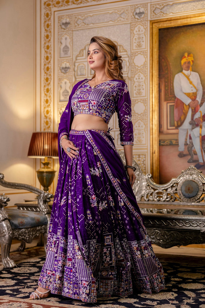 Purple Elegant Blooming Georgette Embroidered Semi-Stitched Lehenga Set ClothsVilla