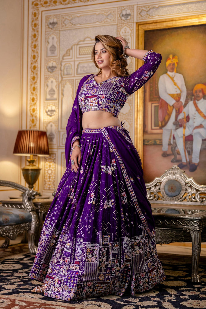Purple Elegant Blooming Georgette Embroidered Semi-Stitched Lehenga Set ClothsVilla