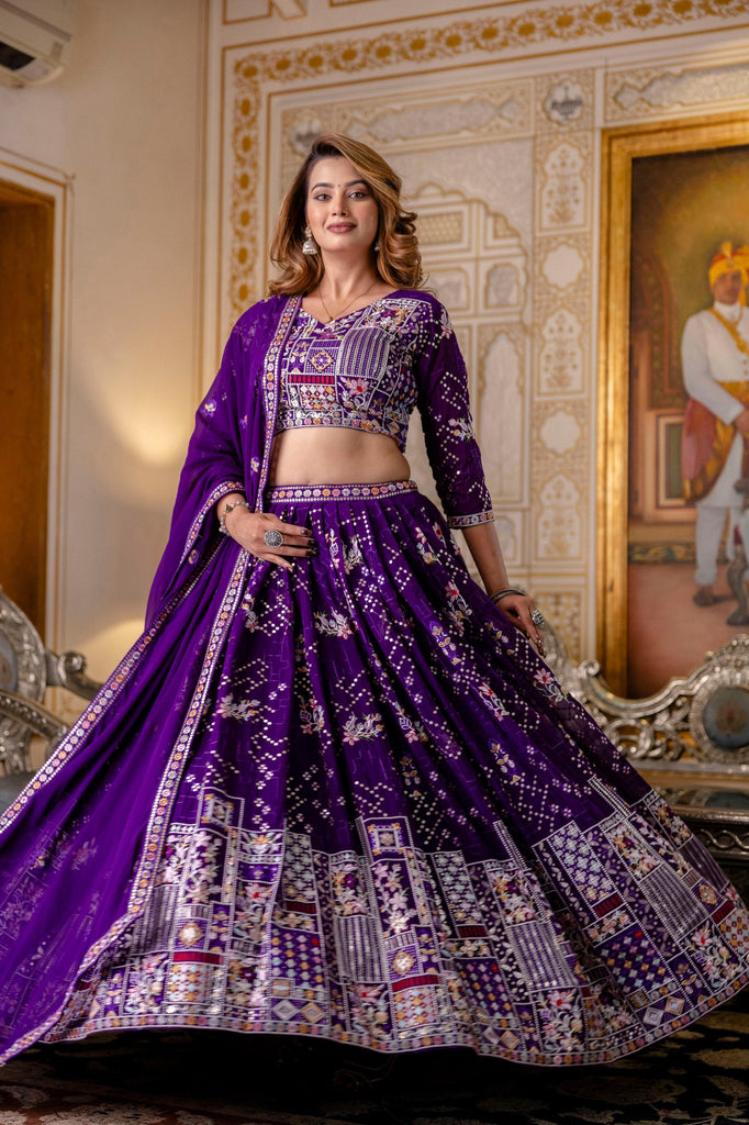 Purple Elegant Blooming Georgette Embroidered Semi-Stitched Lehenga Set ClothsVilla