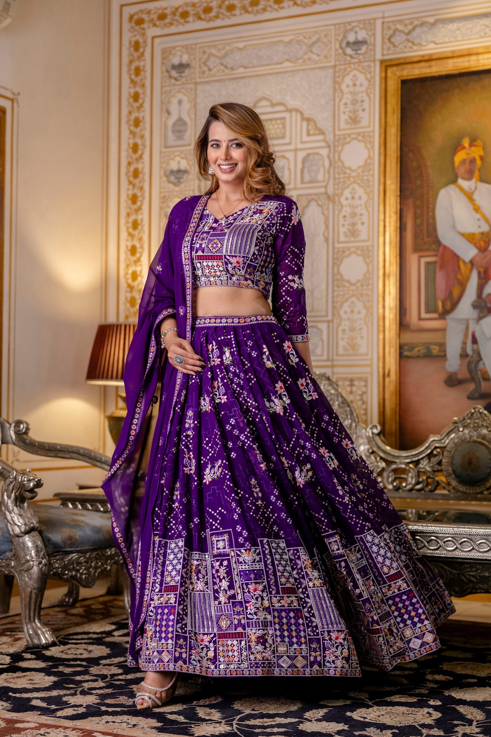 Purple Elegant Blooming Georgette Embroidered Semi-Stitched Lehenga Set Secondary image