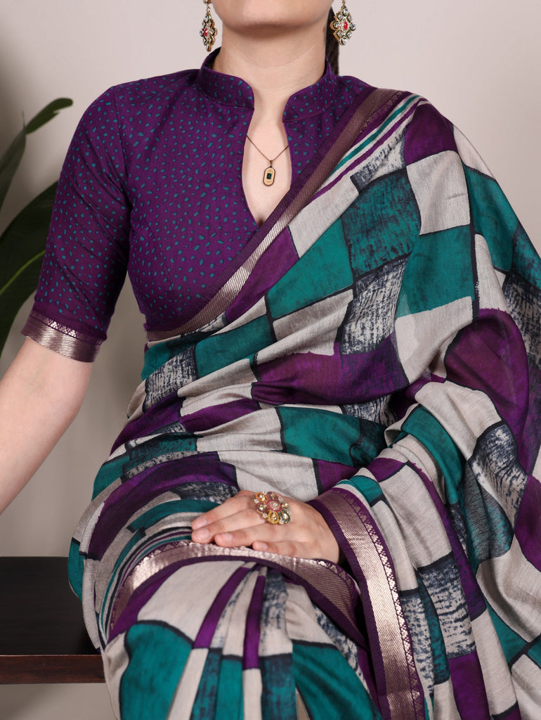 Purple Elegant Chanderi Printed Saree with Temple Border & Matching Blouse ClothsVilla