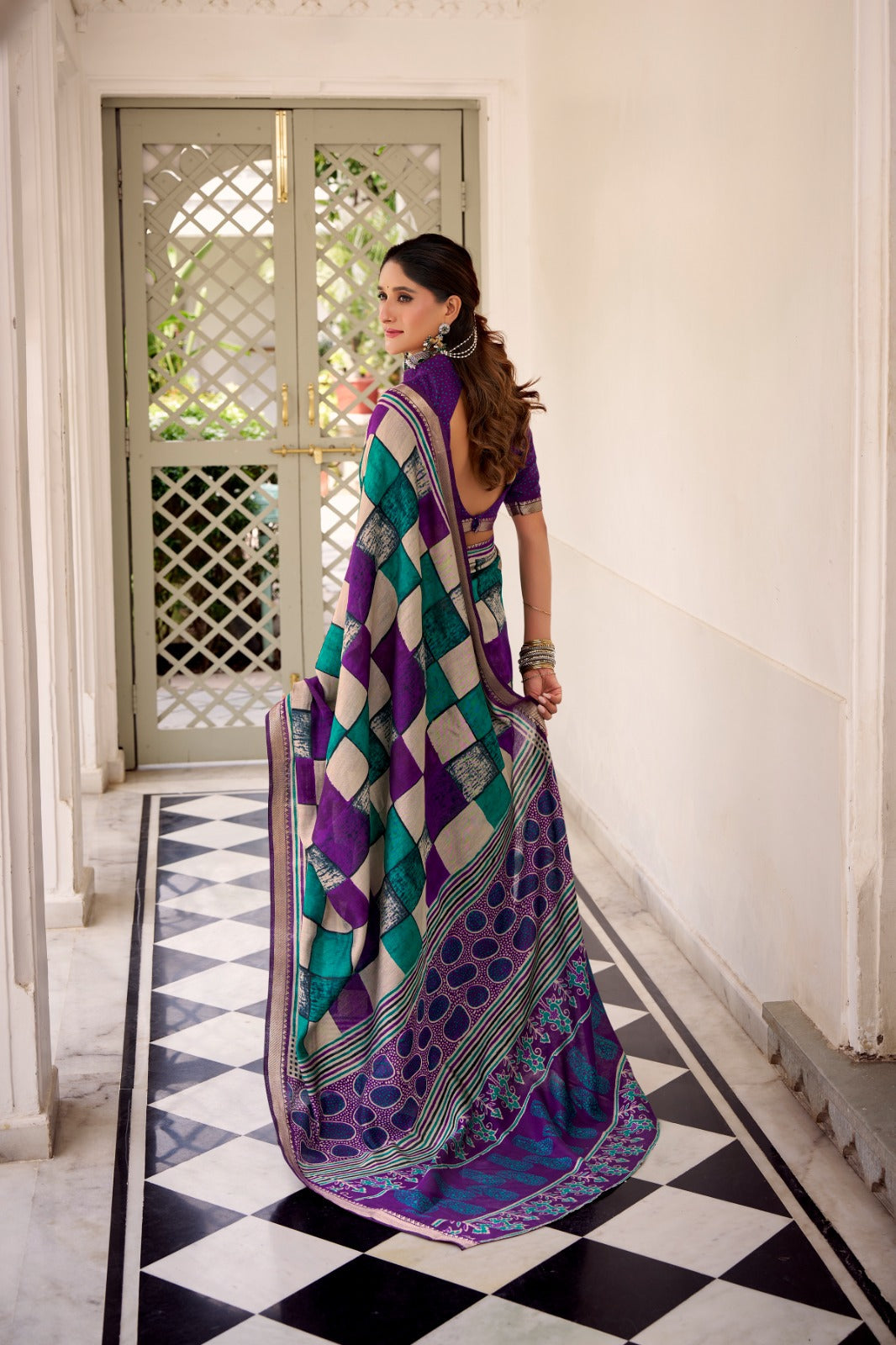 Purple Elegant Chanderi Printed Saree with Temple Border & Matching Blouse ClothsVilla