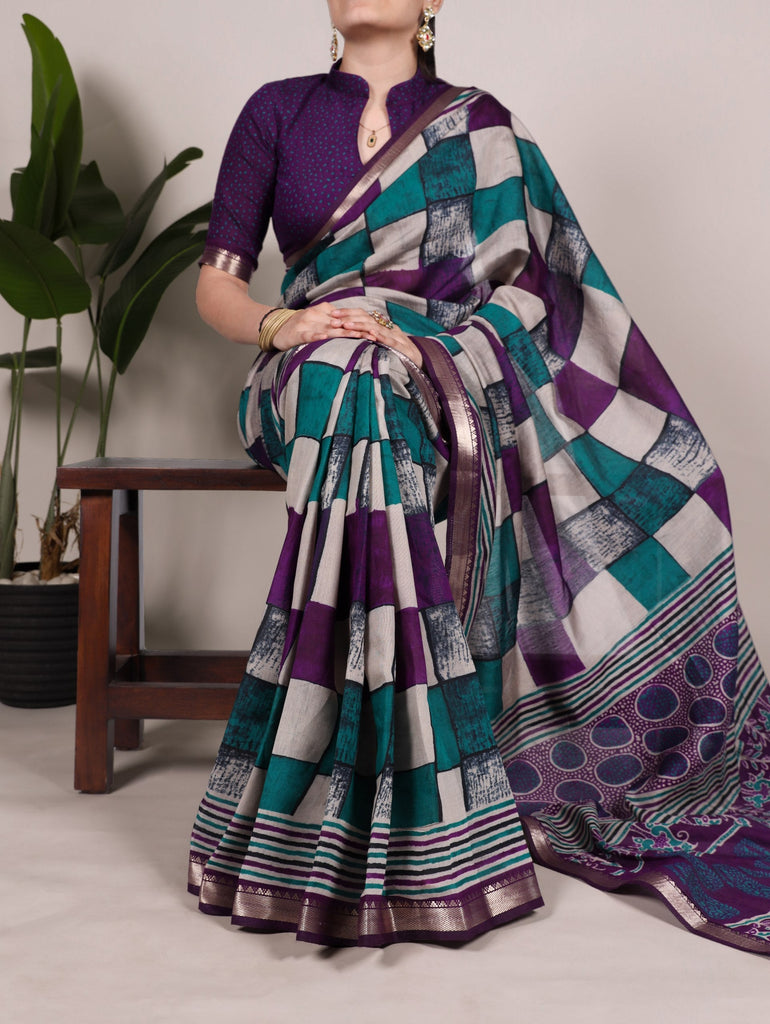 Purple Elegant Chanderi Printed Saree with Temple Border & Matching Blouse ClothsVilla