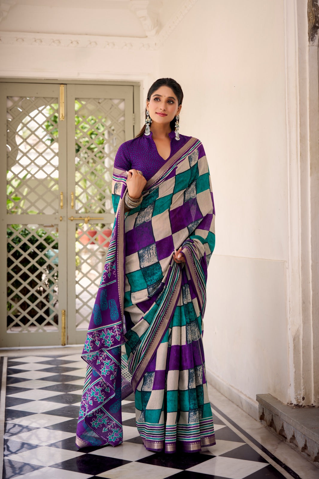 Purple Elegant Chanderi Printed Saree with Temple Border & Matching Blouse ClothsVilla Main image