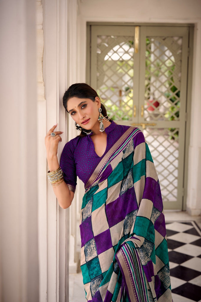 Purple Elegant Chanderi Printed Saree with Temple Border & Matching Blouse ClothsVilla