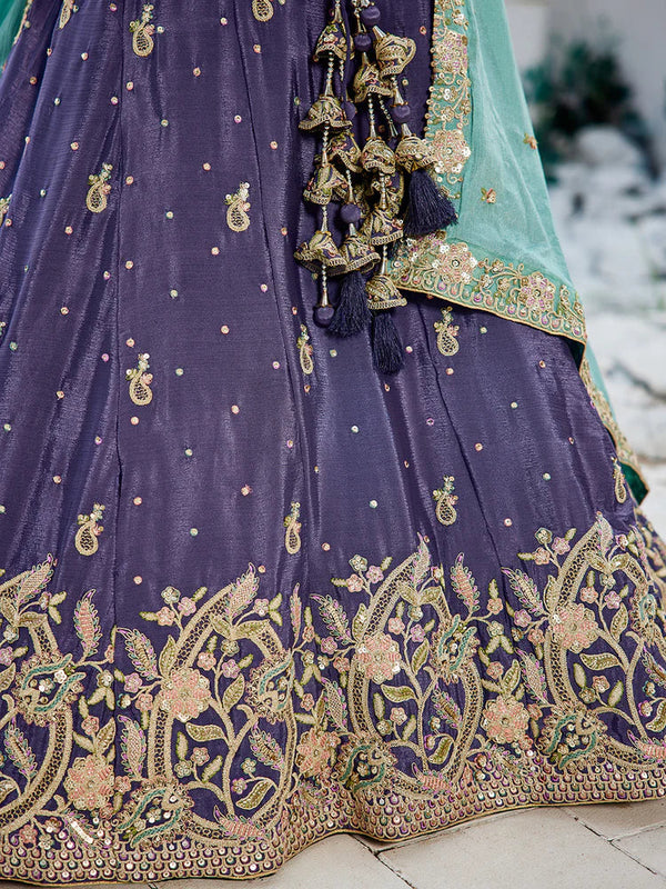 Purple Elegant Chiffon Sequin Embroidered Lehenga Choli Set with Ethnic Dupatta & Handmade Latkan ClothsVilla
