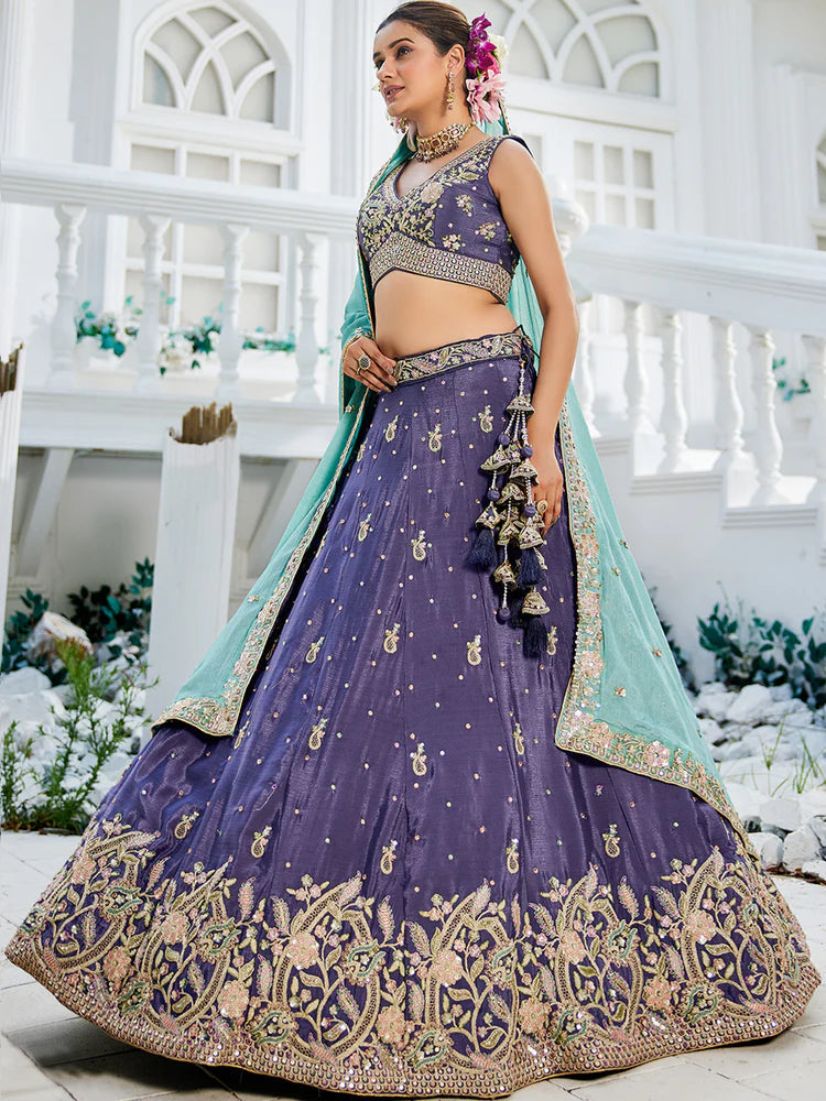 Purple Elegant Chiffon Sequin Embroidered Lehenga Choli Set with Ethnic Dupatta & Handmade Latkan ClothsVilla