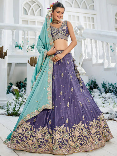 Purple Elegant Chiffon Sequin Embroidered Lehenga Choli Set with Ethnic Dupatta & Handmade Latkan ClothsVilla