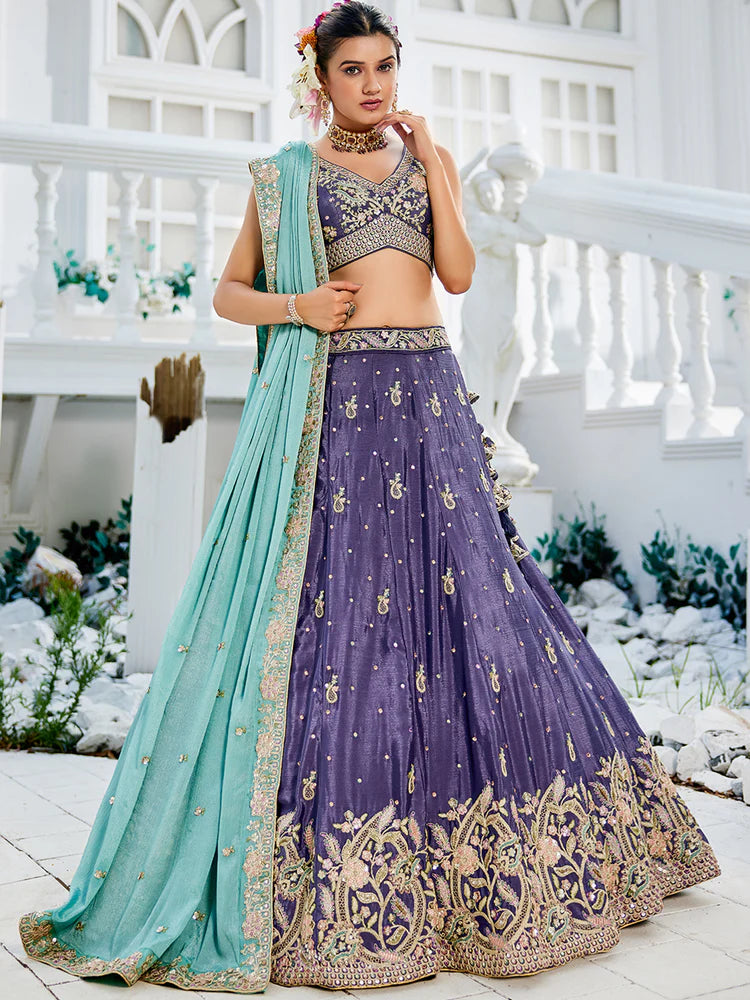 Purple Elegant Chiffon Sequin Embroidered Lehenga Choli Set with Ethnic Dupatta & Handmade Latkan ClothsVilla