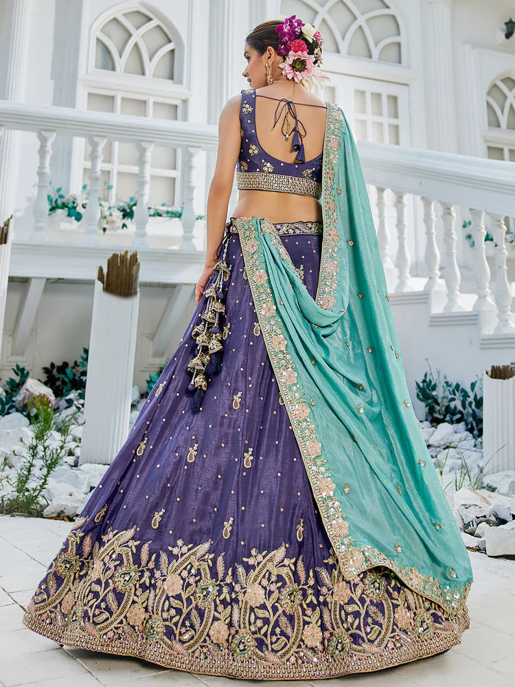 Purple Elegant Chiffon Sequin Embroidered Lehenga Choli Set with Ethnic Dupatta & Handmade Latkan ClothsVilla