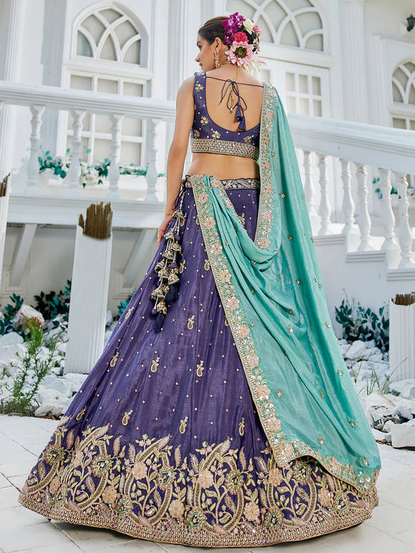Purple Elegant Chiffon Sequin Embroidered Lehenga Choli Set with Ethnic Dupatta & Handmade Latkan ClothsVilla