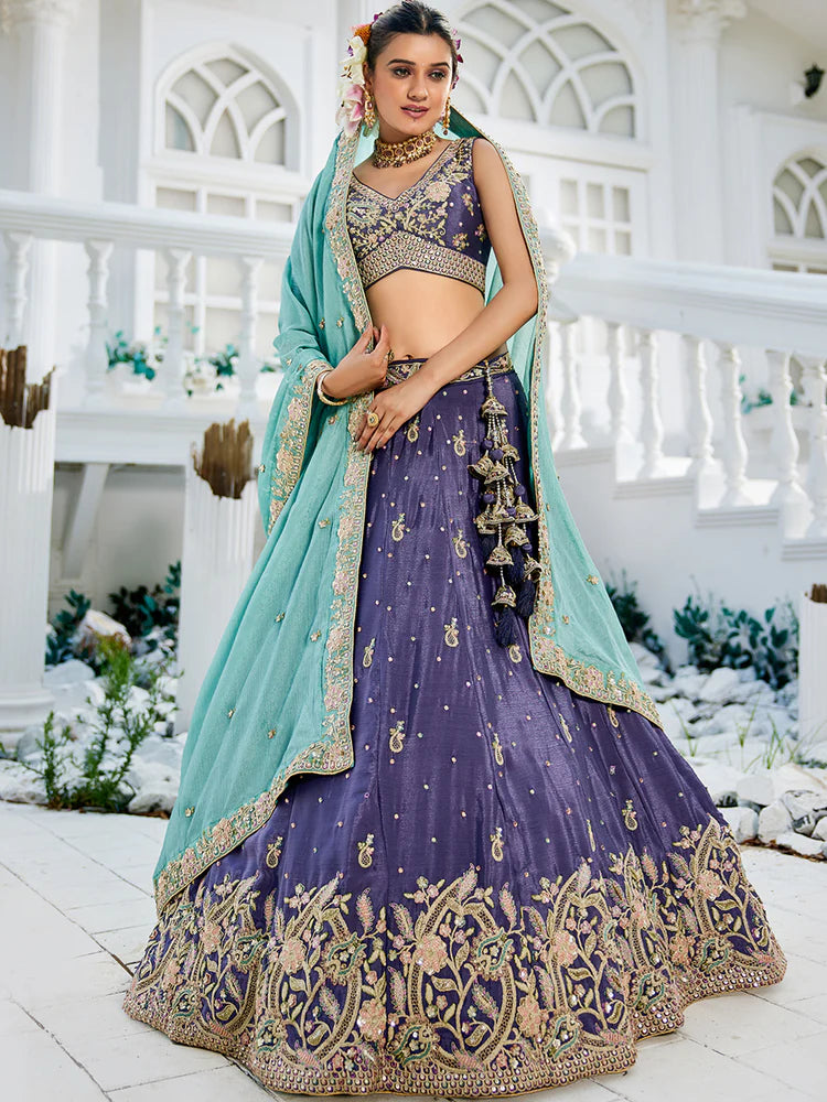 Purple Elegant Chiffon Sequin Embroidered Lehenga Choli Set with Ethnic Dupatta & Handmade Latkan ClothsVilla