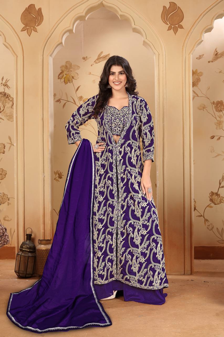 Purple Elegant Chinon Embroidered Jacket Set with Blouse, Bottom & Dupatta – Fully Stitched ClothsVilla Main image