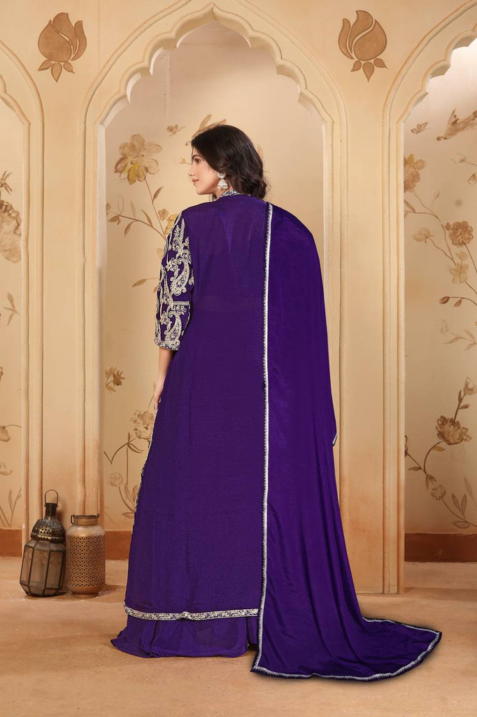 Purple Elegant Chinon Embroidered Jacket Set with Blouse, Bottom & Dupatta – Fully Stitched ClothsVilla