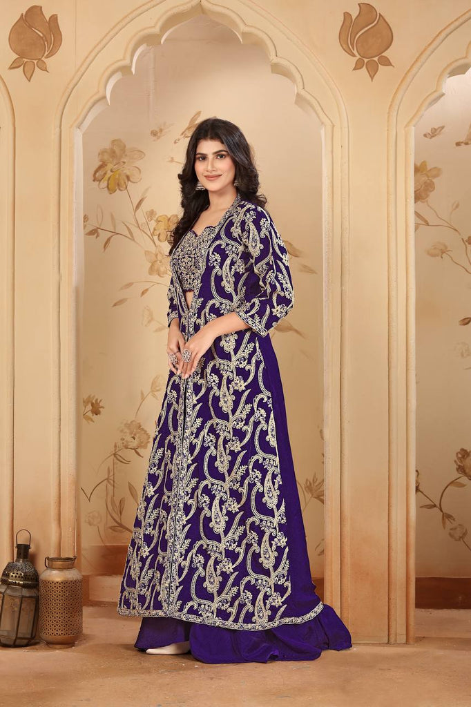 Purple Elegant Chinon Embroidered Jacket Set with Blouse, Bottom & Dupatta – Fully Stitched ClothsVilla