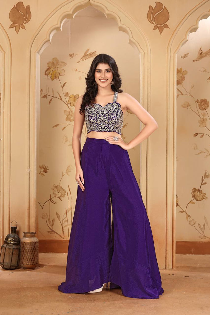 Purple Elegant Chinon Embroidered Jacket Set with Blouse, Bottom & Dupatta – Fully Stitched ClothsVilla
