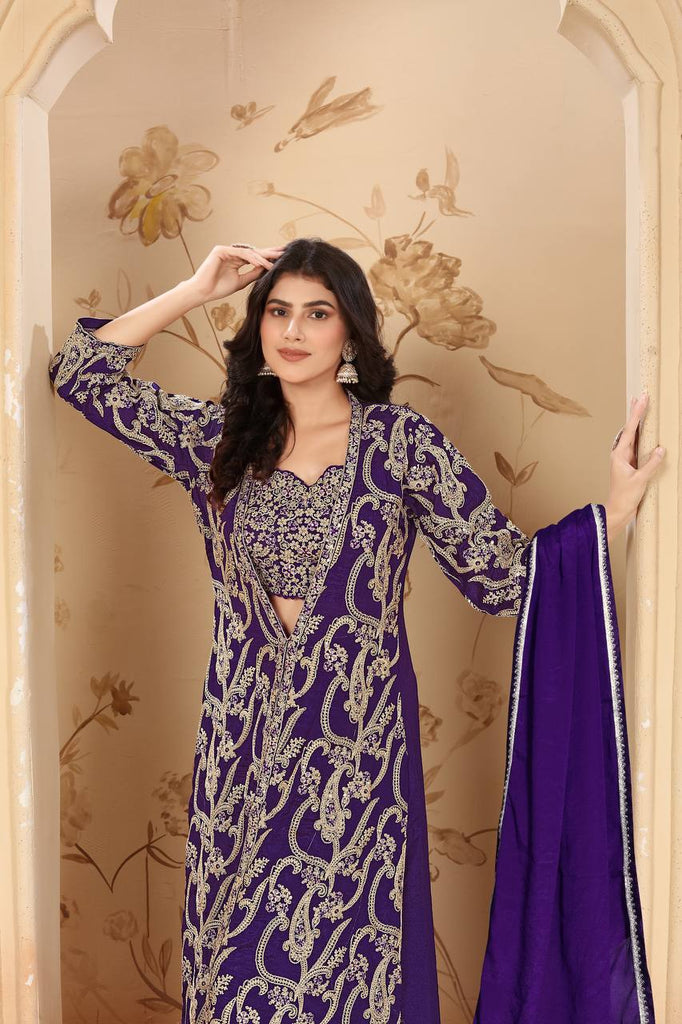 Purple Elegant Chinon Embroidered Jacket Set with Blouse, Bottom & Dupatta – Fully Stitched ClothsVilla